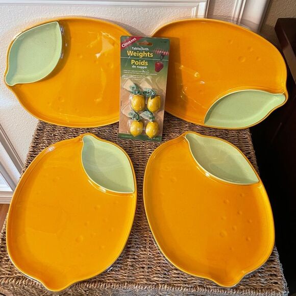 Bamboo Melamine Lemon Plate Green Leaf Side Dish & Lemon Weighted Tablecloth set - Picture 8 of 13